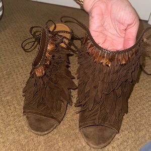 Aquazurra suede feather fringe “Pocahontas” sandal heels
